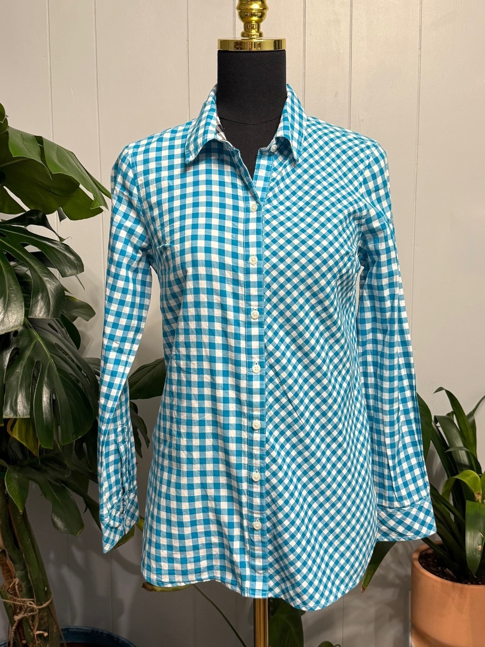 #9)  crown & ivy Teal and White Gingham Button-Down Cotton Shirt